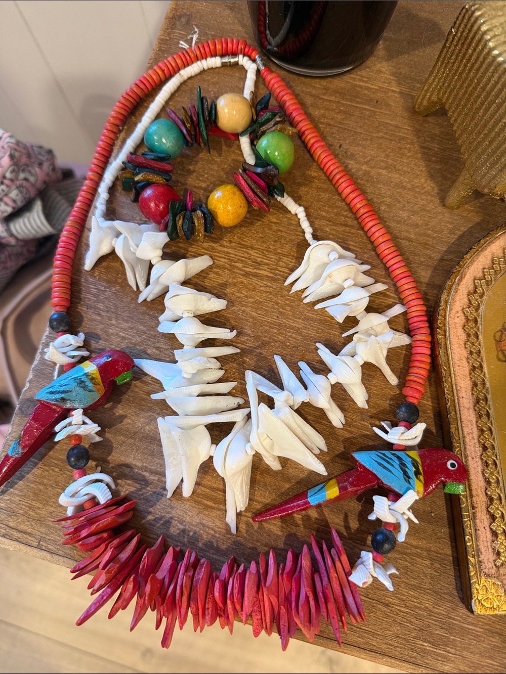 Colorful Parrot & Shell Statement Necklaces - Red, White, Green, Yellow, Blue